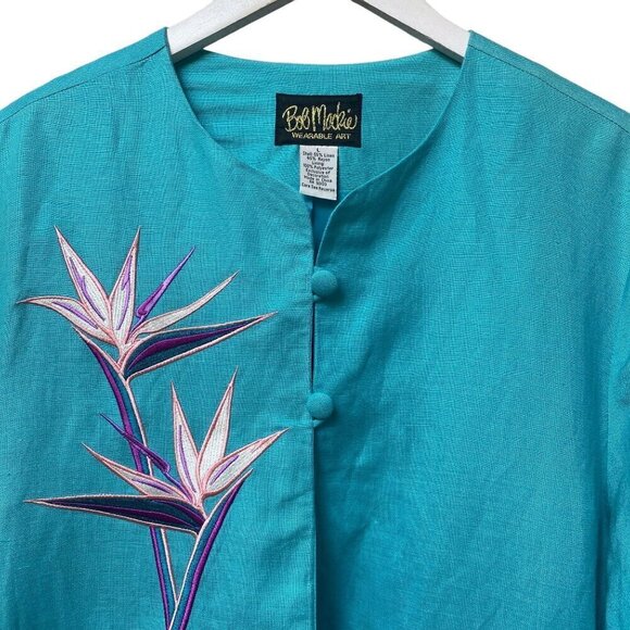 BOB MACKIE Jacket Size Large Turquoise Blue Embroidered Linen Blend Womens - Picture 2 of 12